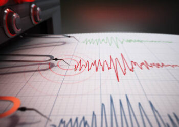 Seismograph printing seismic activity records of a severe earthquake.
